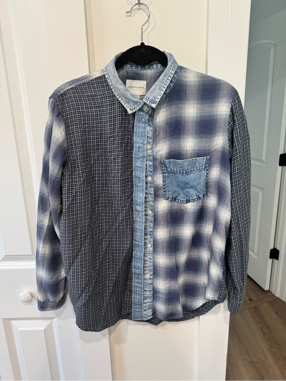 American Eagle Outfitters Blue and Gray Patchwork Button-Down Shirt